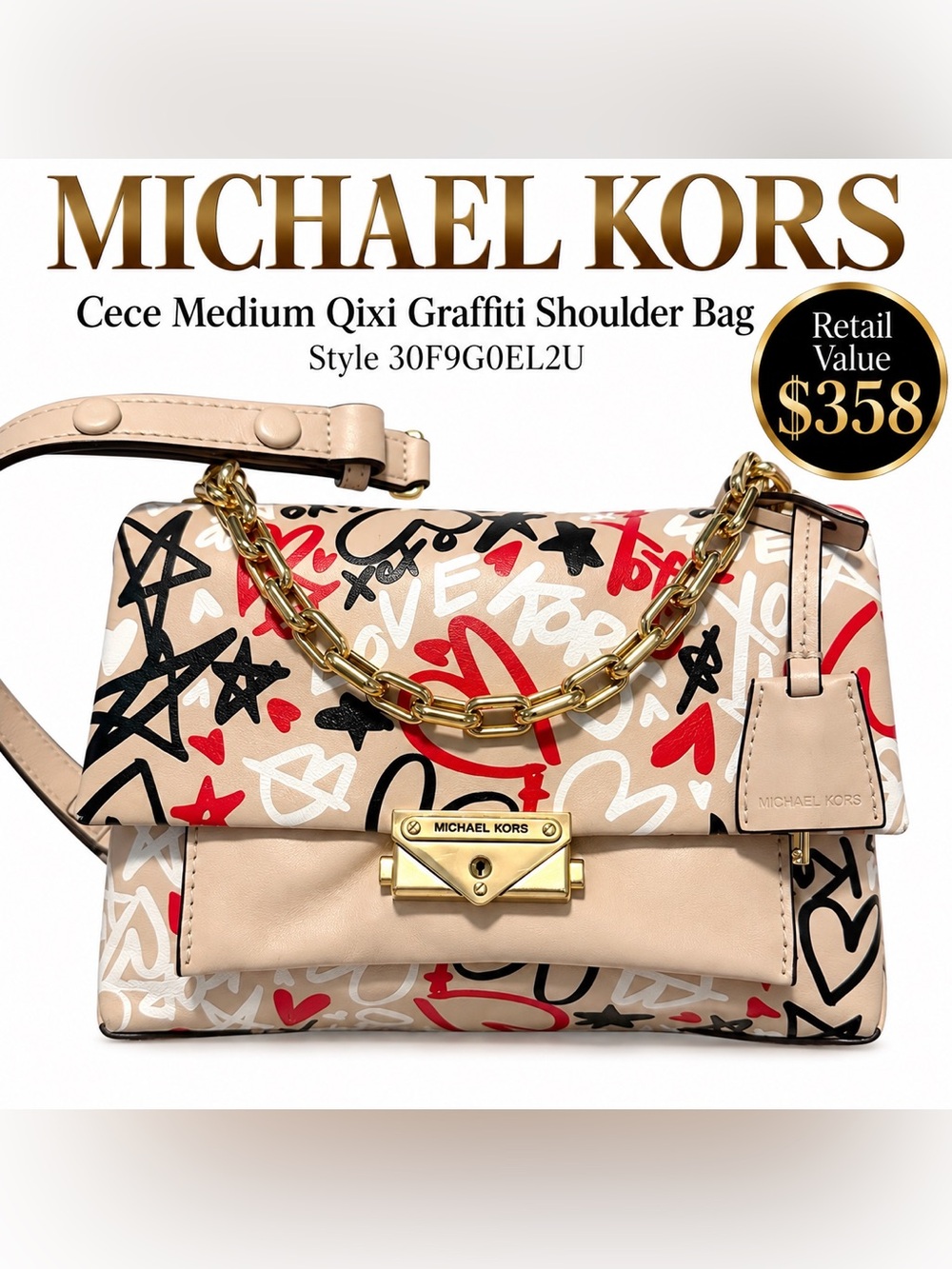 Michael Kors Beige Leather Shoulder Bag with Multicolor Graffiti